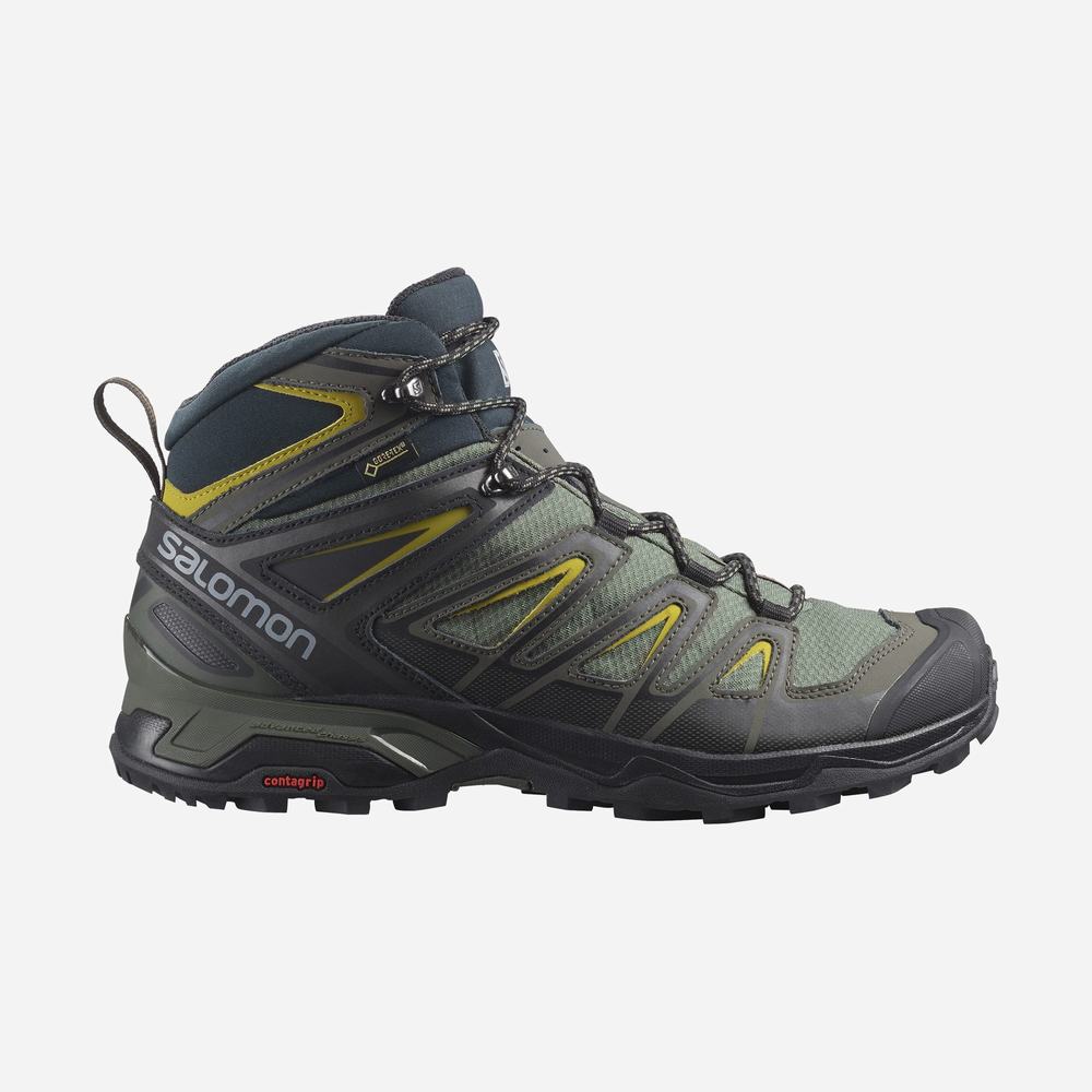 Bottes Randonnée Salomon X Ultra 3 Larges Mid Gore-tex Homme Grise Noir Vert | France-3017258