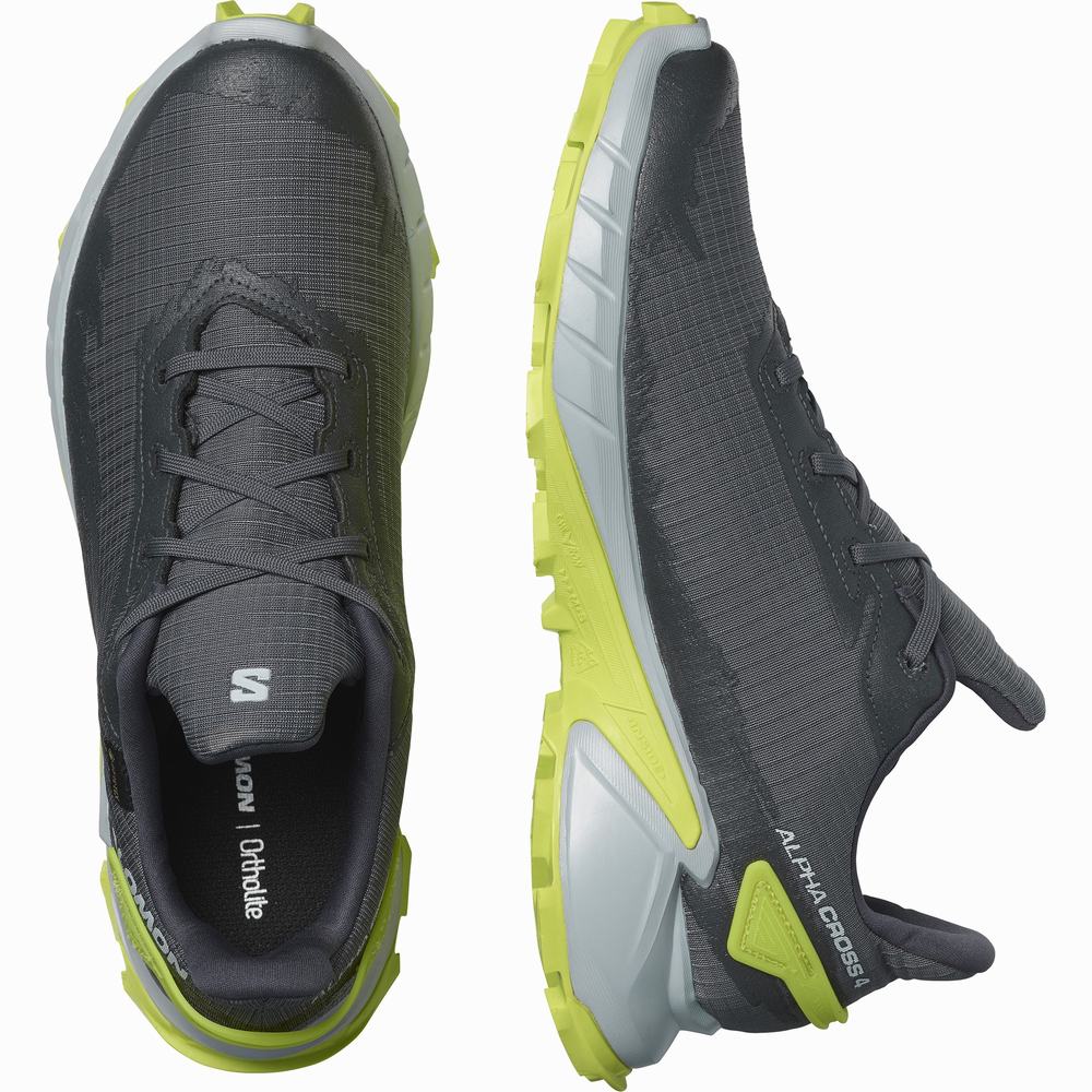 Chaussures Trail Running Salomon Alphacross 4 Gore-tex Homme Grise Vert Clair | France-5962374